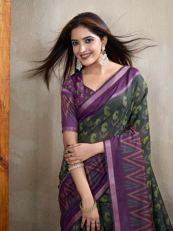 Women's_Chanderi_Silk_Saree_with_Digital_Printed_for_Women_|_For_Traditional,_Festive_&_Wedding_|_5.5m_Saree_+_0.8m_Blouse_(Dark_Green_&_Purple_Ikat)