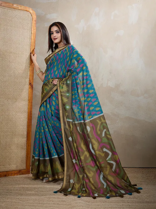 Women's_Chanderi_Silk_Saree_with_Digital_Printed_for_Women_|_For_Traditional,_Festive_&_Wedding_|_5.5m_Saree_+_0.8m_Blouse_(Teal_Blue_&_Olive_Green_Ikat)