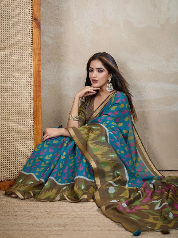 Women's_Chanderi_Silk_Saree_with_Digital_Printed_for_Women_|_For_Traditional,_Festive_&_Wedding_|_5.5m_Saree_+_0.8m_Blouse_(Teal_Blue_&_Olive_Green_Ikat)