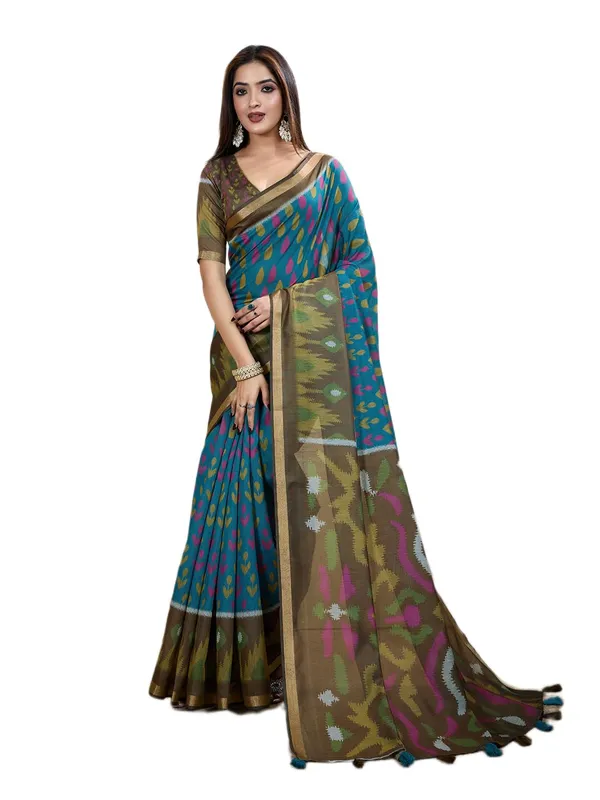 Women's_Chanderi_Silk_Saree_with_Digital_Printed_for_Women_|_For_Traditional,_Festive_&_Wedding_|_5.5m_Saree_+_0.8m_Blouse_(Teal_Blue_&_Olive_Green_Ikat)