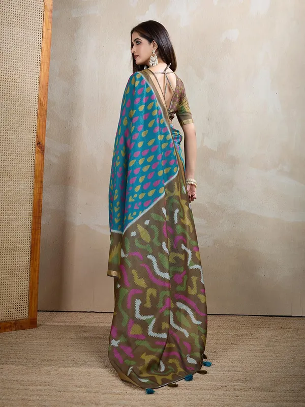 Women's_Chanderi_Silk_Saree_with_Digital_Printed_for_Women_|_For_Traditional,_Festive_&_Wedding_|_5.5m_Saree_+_0.8m_Blouse_(Teal_Blue_&_Olive_Green_Ikat)