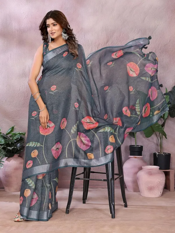 Women's_Linen_Shimmer_Floral_Saree_for_Women_|_Lightweight_Printed_Linen-Shimmer_Sarees_|_For_Traditional,_Festive_&_Wedding_|_5.5m_Saree_+_0.8m_Blouse_(Grey_Floral)