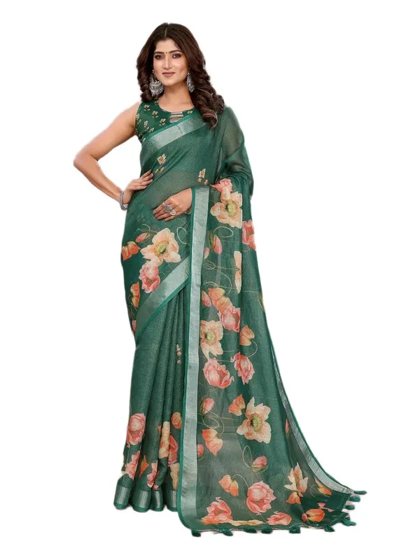 Women's_Linen_Shimmer_Floral_Saree_for_Women_|_Lightweight_Printed_Linen-Shimmer_Sarees_|_For_Traditional,_Festive_&_Wedding_|_5.5m_Saree_+_0.8m_Blouse_(Green_Floral)