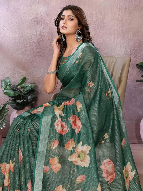 Women's_Linen_Shimmer_Floral_Saree_for_Women_|_Lightweight_Printed_Linen-Shimmer_Sarees_|_For_Traditional,_Festive_&_Wedding_|_5.5m_Saree_+_0.8m_Blouse_(Green_Floral)