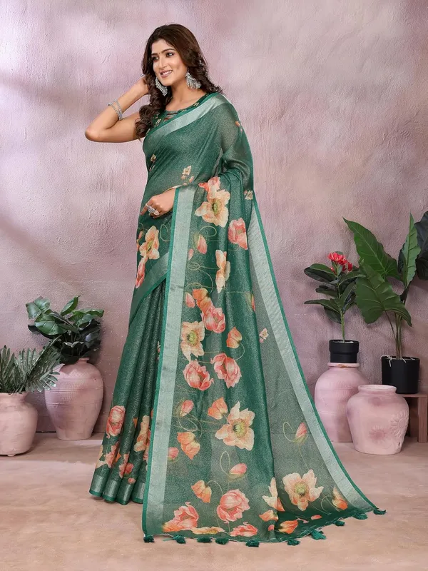 Women's_Linen_Shimmer_Floral_Saree_for_Women_|_Lightweight_Printed_Linen-Shimmer_Sarees_|_For_Traditional,_Festive_&_Wedding_|_5.5m_Saree_+_0.8m_Blouse_(Green_Floral)