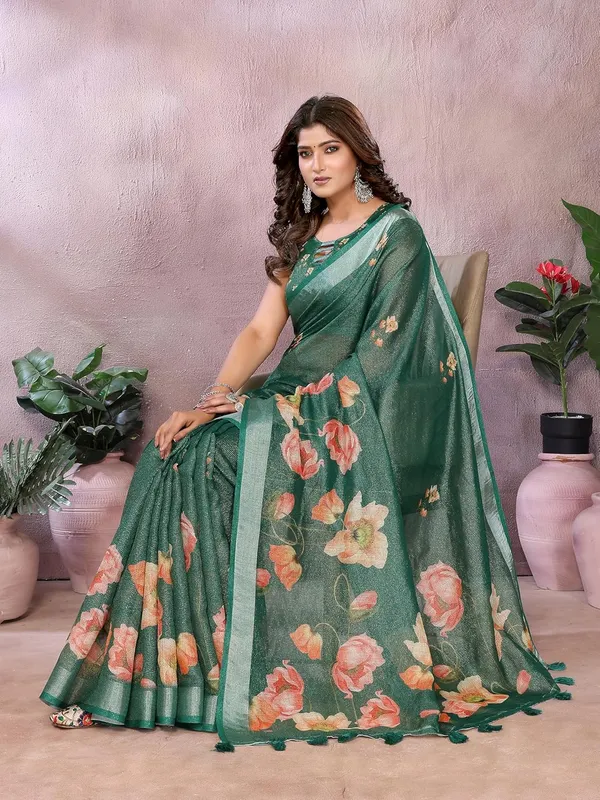 Women's_Linen_Shimmer_Floral_Saree_for_Women_|_Lightweight_Printed_Linen-Shimmer_Sarees_|_For_Traditional,_Festive_&_Wedding_|_5.5m_Saree_+_0.8m_Blouse_(Green_Floral)