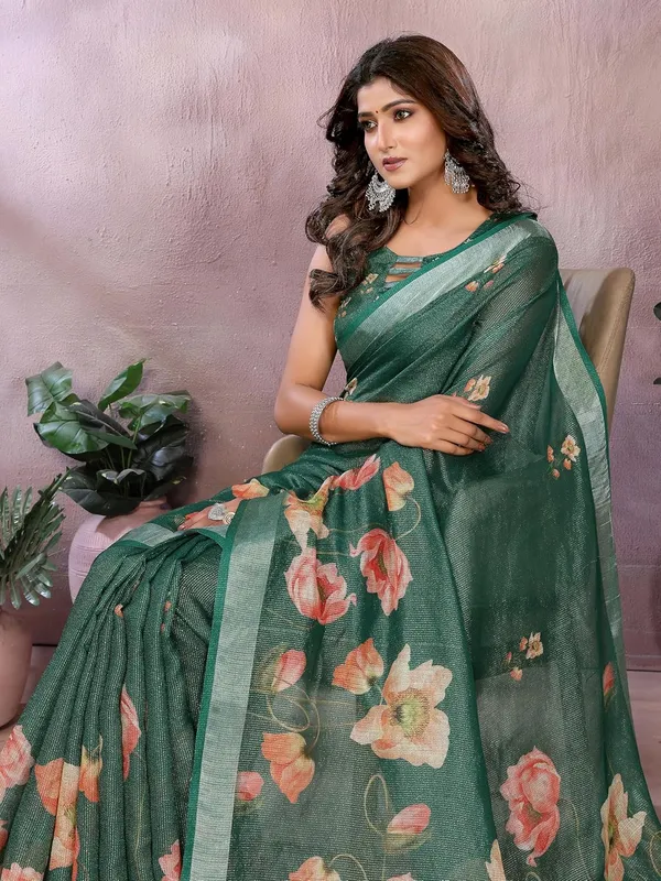 Women's_Linen_Shimmer_Floral_Saree_for_Women_|_Lightweight_Printed_Linen-Shimmer_Sarees_|_For_Traditional,_Festive_&_Wedding_|_5.5m_Saree_+_0.8m_Blouse_(Green_Floral)