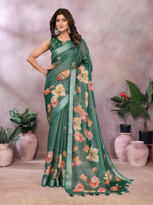 Women's_Linen_Shimmer_Floral_Saree_for_Women_|_Lightweight_Printed_Linen-Shimmer_Sarees_|_For_Traditional,_Festive_&_Wedding_|_5.5m_Saree_+_0.8m_Blouse_(Green_Floral)