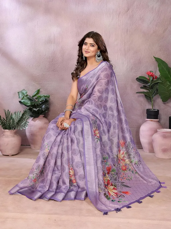 Women's_Linen_Shimmer_Floral_Saree_for_Women_|_Lightweight_Printed_Linen-Shimmer_Sarees_|_For_Traditional,_Festive_&_Wedding_|_5.5m_Saree_+_0.8m_Blouse_(Lavender_Floral)