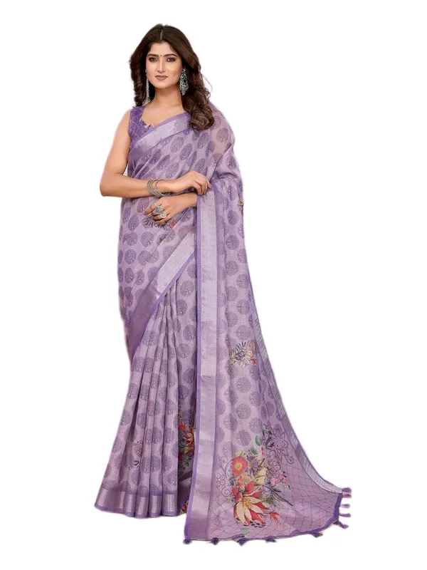 Women's_Linen_Shimmer_Floral_Saree_for_Women_|_Lightweight_Printed_Linen-Shimmer_Sarees_|_For_Traditional,_Festive_&_Wedding_|_5.5m_Saree_+_0.8m_Blouse_(Lavender_Floral)