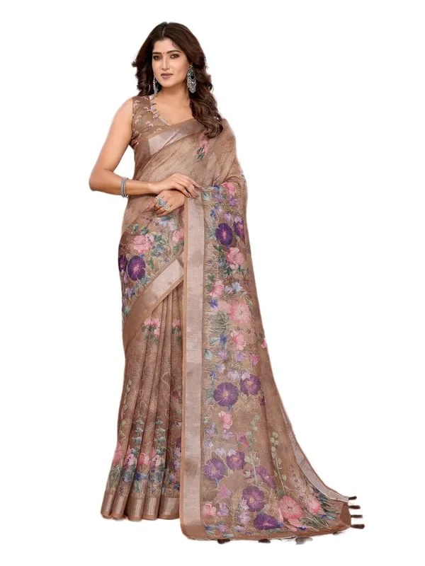 Women's_Linen_Shimmer_Floral_Saree_for_Women_|_Lightweight_Printed_Linen-Shimmer_Sarees_|_For_Traditional,_Festive_&_Wedding_|_5.5m_Saree_+_0.8m_Blouse_(Coffee_Brown_Floral)