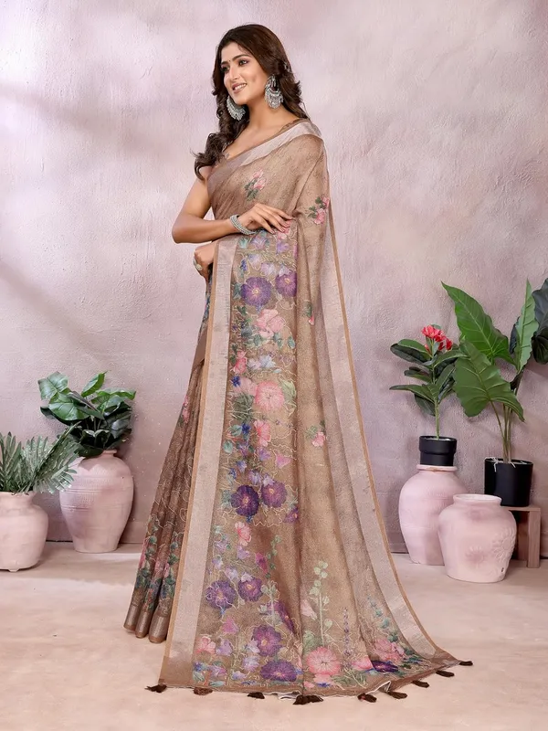 Women's_Linen_Shimmer_Floral_Saree_for_Women_|_Lightweight_Printed_Linen-Shimmer_Sarees_|_For_Traditional,_Festive_&_Wedding_|_5.5m_Saree_+_0.8m_Blouse_(Coffee_Brown_Floral)