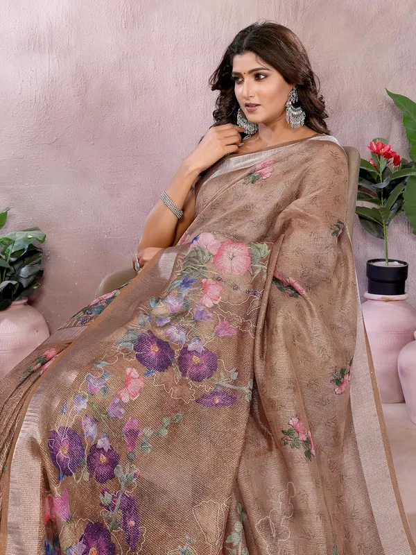 Women's_Linen_Shimmer_Floral_Saree_for_Women_|_Lightweight_Printed_Linen-Shimmer_Sarees_|_For_Traditional,_Festive_&_Wedding_|_5.5m_Saree_+_0.8m_Blouse_(Coffee_Brown_Floral)