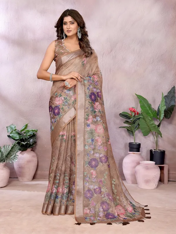 Women's_Linen_Shimmer_Floral_Saree_for_Women_|_Lightweight_Printed_Linen-Shimmer_Sarees_|_For_Traditional,_Festive_&_Wedding_|_5.5m_Saree_+_0.8m_Blouse_(Coffee_Brown_Floral)