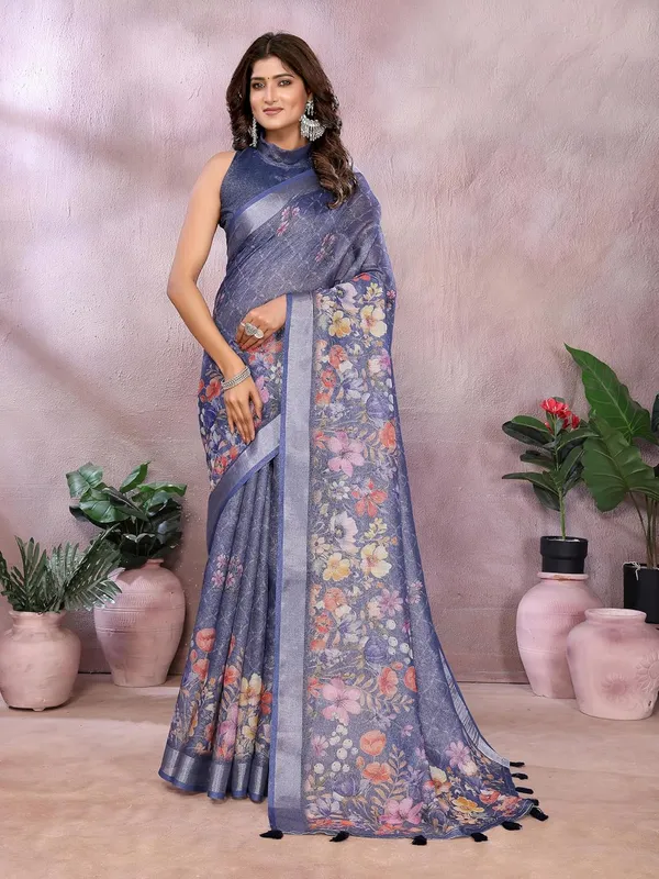 Navy_Blue_Floral_Women's_Linen_Shimmer_Floral_Saree_for_Women_|_Lightweight_Printed_Linen-Shimmer_Sarees_|_For_Traditional,_Festive_&_Wedding_|_5.5m_Saree_+_0.8m_Blouse
