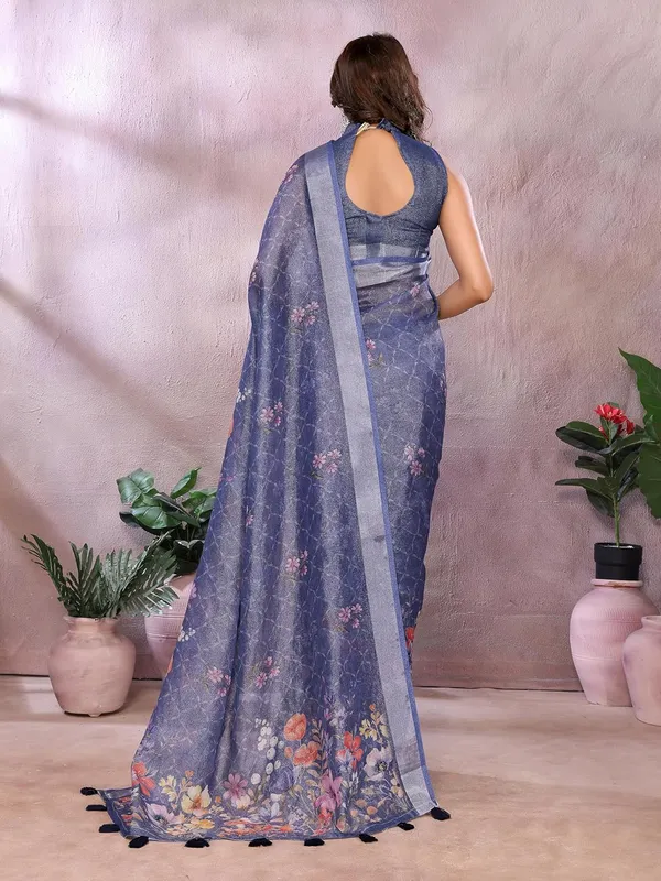 Navy_Blue_Floral_Women's_Linen_Shimmer_Floral_Saree_for_Women_|_Lightweight_Printed_Linen-Shimmer_Sarees_|_For_Traditional,_Festive_&_Wedding_|_5.5m_Saree_+_0.8m_Blouse