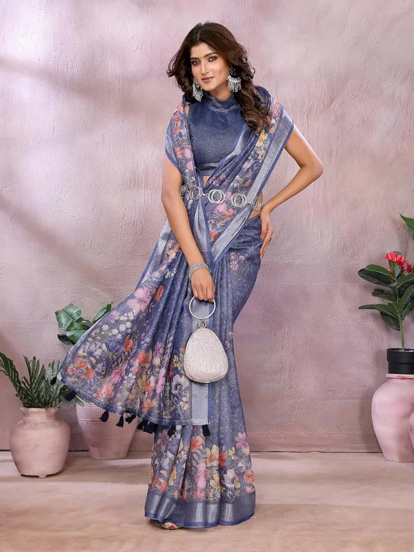 Navy_Blue_Floral_Women's_Linen_Shimmer_Floral_Saree_for_Women_|_Lightweight_Printed_Linen-Shimmer_Sarees_|_For_Traditional,_Festive_&_Wedding_|_5.5m_Saree_+_0.8m_Blouse