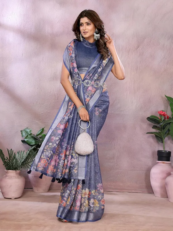 Navy_Blue_Floral_Women's_Linen_Shimmer_Floral_Saree_for_Women_|_Lightweight_Printed_Linen-Shimmer_Sarees_|_For_Traditional,_Festive_&_Wedding_|_5.5m_Saree_+_0.8m_Blouse
