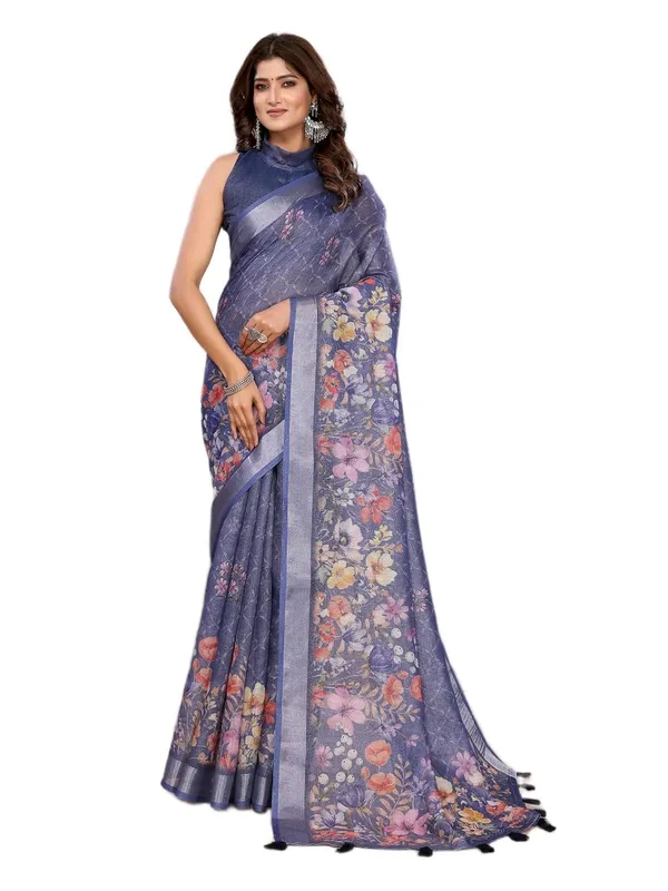 Navy_Blue_Floral_Women's_Linen_Shimmer_Floral_Saree_for_Women_|_Lightweight_Printed_Linen-Shimmer_Sarees_|_For_Traditional,_Festive_&_Wedding_|_5.5m_Saree_+_0.8m_Blouse