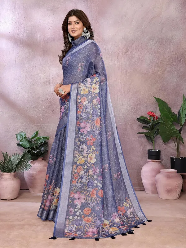 Navy_Blue_Floral_Women's_Linen_Shimmer_Floral_Saree_for_Women_|_Lightweight_Printed_Linen-Shimmer_Sarees_|_For_Traditional,_Festive_&_Wedding_|_5.5m_Saree_+_0.8m_Blouse