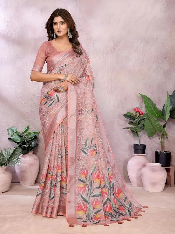Women's_Linen_Shimmer_Floral_Saree_for_Women_|_Lightweight_Printed_Linen-Shimmer_Sarees_|_For_Traditional,_Festive_&_Wedding_|_5.5m_Saree_+_0.8m_Blouse_(Peach_Floral)