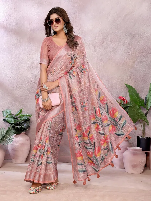 Women's_Linen_Shimmer_Floral_Saree_for_Women_|_Lightweight_Printed_Linen-Shimmer_Sarees_|_For_Traditional,_Festive_&_Wedding_|_5.5m_Saree_+_0.8m_Blouse_(Peach_Floral)