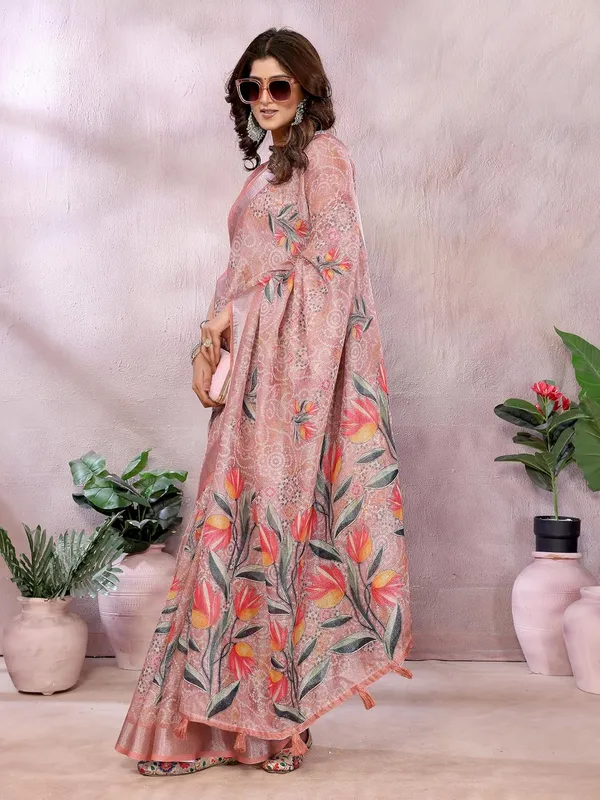 Women's_Linen_Shimmer_Floral_Saree_for_Women_|_Lightweight_Printed_Linen-Shimmer_Sarees_|_For_Traditional,_Festive_&_Wedding_|_5.5m_Saree_+_0.8m_Blouse_(Peach_Floral)