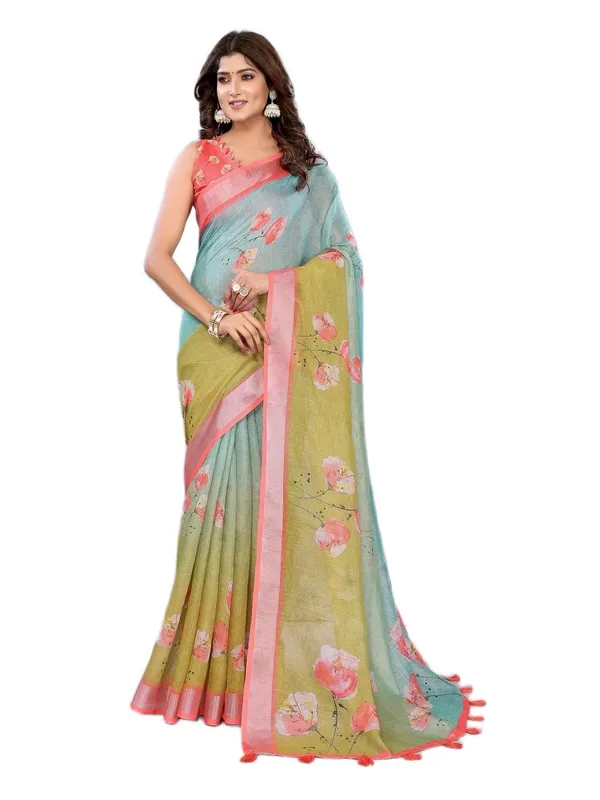 Women's_Linen_Shimmer_Floral_Saree_for_Women_|_Lightweight_Printed_Linen-Shimmer_Sarees_|_For_Traditional,_Festive_&_Wedding_|_5.5m_Saree_+_0.8m_Blouse_(Green_&_Aqua_Floral)