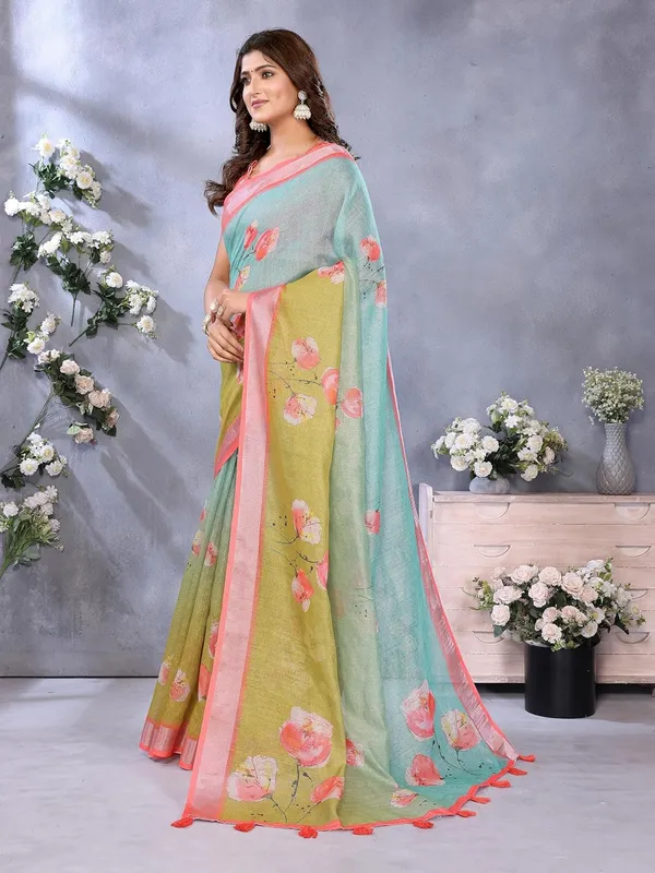 Women's_Linen_Shimmer_Floral_Saree_for_Women_|_Lightweight_Printed_Linen-Shimmer_Sarees_|_For_Traditional,_Festive_&_Wedding_|_5.5m_Saree_+_0.8m_Blouse_(Green_&_Aqua_Floral)