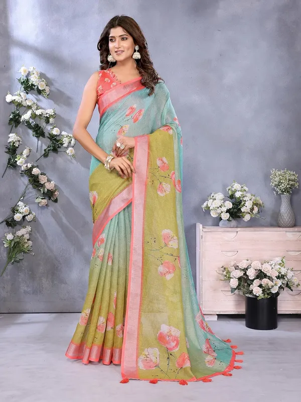 Women's_Linen_Shimmer_Floral_Saree_for_Women_|_Lightweight_Printed_Linen-Shimmer_Sarees_|_For_Traditional,_Festive_&_Wedding_|_5.5m_Saree_+_0.8m_Blouse_(Green_&_Aqua_Floral)