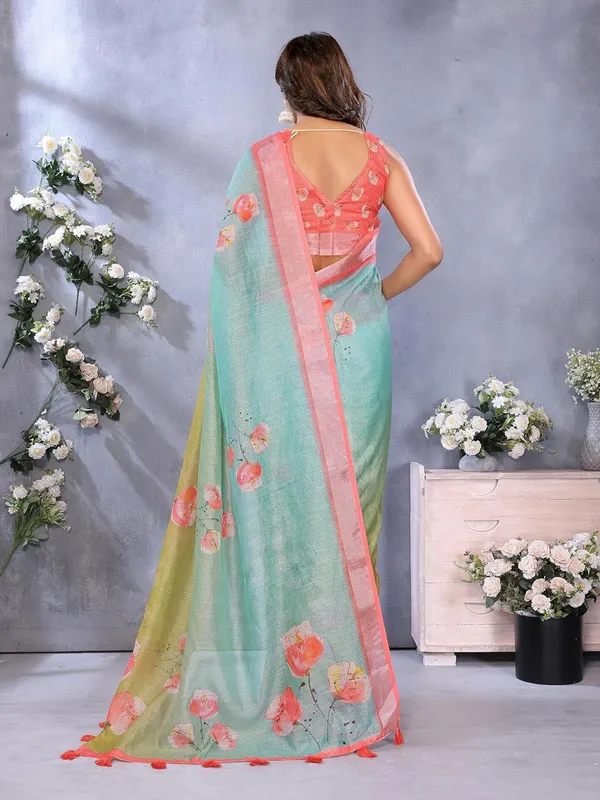 Women's_Linen_Shimmer_Floral_Saree_for_Women_|_Lightweight_Printed_Linen-Shimmer_Sarees_|_For_Traditional,_Festive_&_Wedding_|_5.5m_Saree_+_0.8m_Blouse_(Green_&_Aqua_Floral)