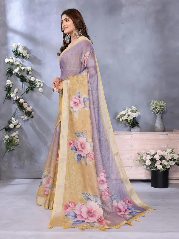 Women's_Linen_Shimmer_Floral_Saree_for_Women_|_Lightweight_Printed_Linen-Shimmer_Sarees_|_For_Traditional,_Festive_&_Wedding_|_5.5m_Saree_+_0.8m_Blouse_(Yellow_&_Lavender_Floral)