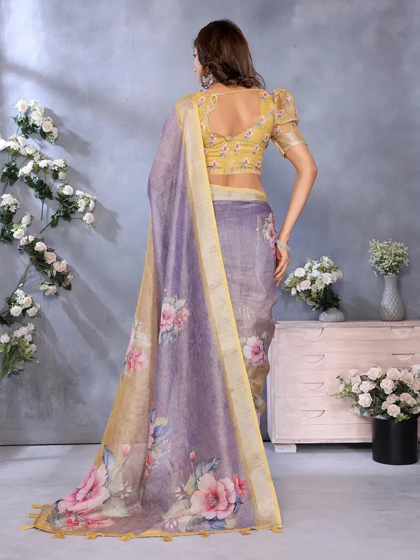 Women's_Linen_Shimmer_Floral_Saree_for_Women_|_Lightweight_Printed_Linen-Shimmer_Sarees_|_For_Traditional,_Festive_&_Wedding_|_5.5m_Saree_+_0.8m_Blouse_(Yellow_&_Lavender_Floral)