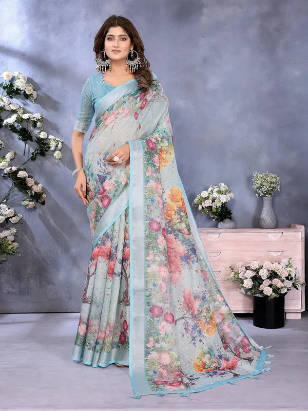 Women's_Linen_Shimmer_Floral_Saree_for_Women_|_Lightweight_Printed_Linen-Shimmer_Sarees_|_For_Traditional,_Festive_&_Wedding_|_5.5m_Saree_+_0.8m_Blouse_(Sky_Blue_Floral)