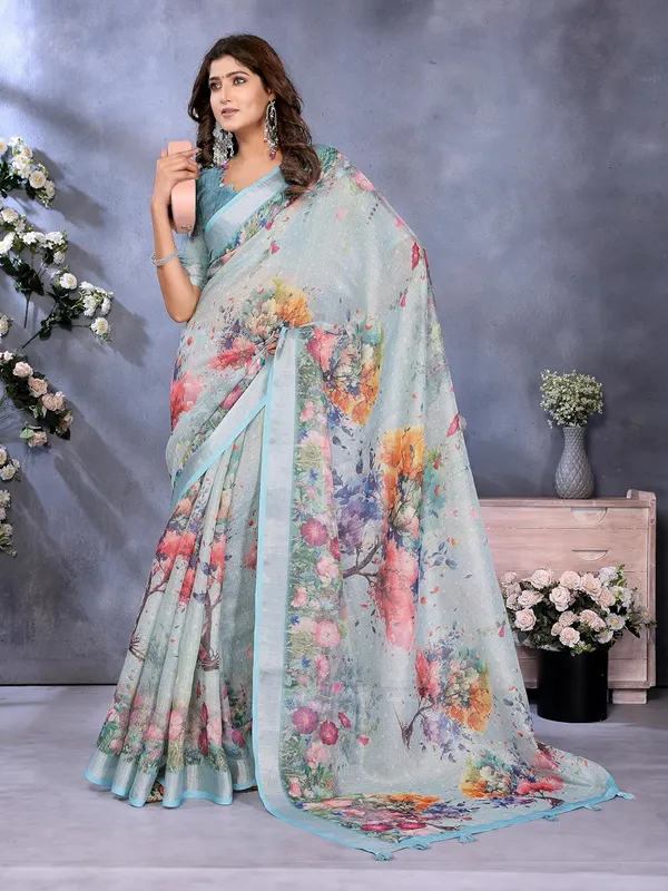 Women's_Linen_Shimmer_Floral_Saree_for_Women_|_Lightweight_Printed_Linen-Shimmer_Sarees_|_For_Traditional,_Festive_&_Wedding_|_5.5m_Saree_+_0.8m_Blouse_(Sky_Blue_Floral)