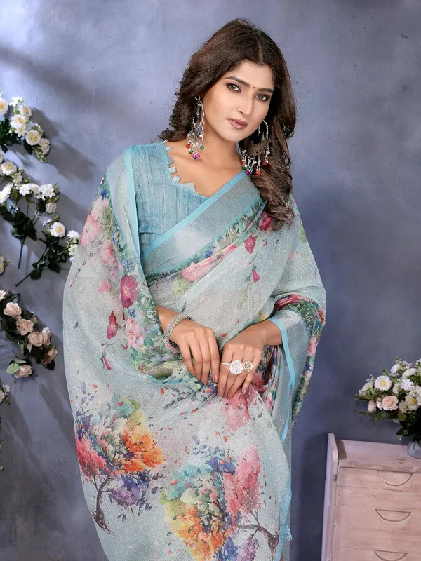 Women's_Linen_Shimmer_Floral_Saree_for_Women_|_Lightweight_Printed_Linen-Shimmer_Sarees_|_For_Traditional,_Festive_&_Wedding_|_5.5m_Saree_+_0.8m_Blouse_(Sky_Blue_Floral)