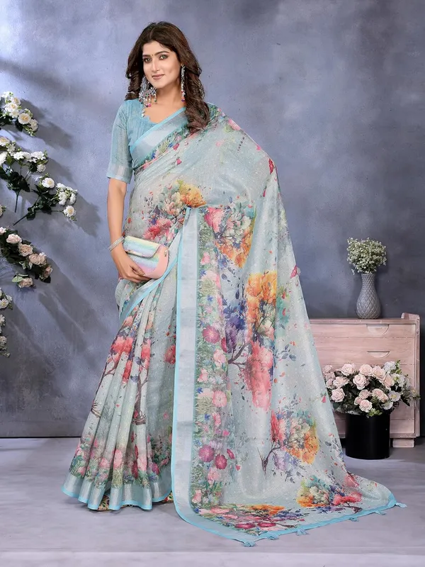 Women's_Linen_Shimmer_Floral_Saree_for_Women_|_Lightweight_Printed_Linen-Shimmer_Sarees_|_For_Traditional,_Festive_&_Wedding_|_5.5m_Saree_+_0.8m_Blouse_(Sky_Blue_Floral)