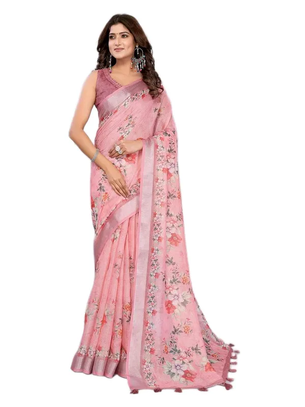 Women's_Linen_Shimmer_Floral_Saree_for_Women_|_Lightweight_Printed_Linen-Shimmer_Sarees_|_For_Traditional,_Festive_&_Wedding_|_5.5m_Saree_+_0.8m_Blouse_(Pink_Floral)