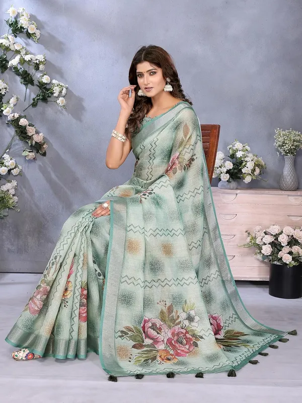 Women's_Linen_Shimmer_Floral_Saree_for_Women_|_Lightweight_Printed_Linen-Shimmer_Sarees_|_For_Traditional,_Festive_&_Wedding_|_5.5m_Saree_+_0.8m_Blouse_(Mint_Green_Floral)