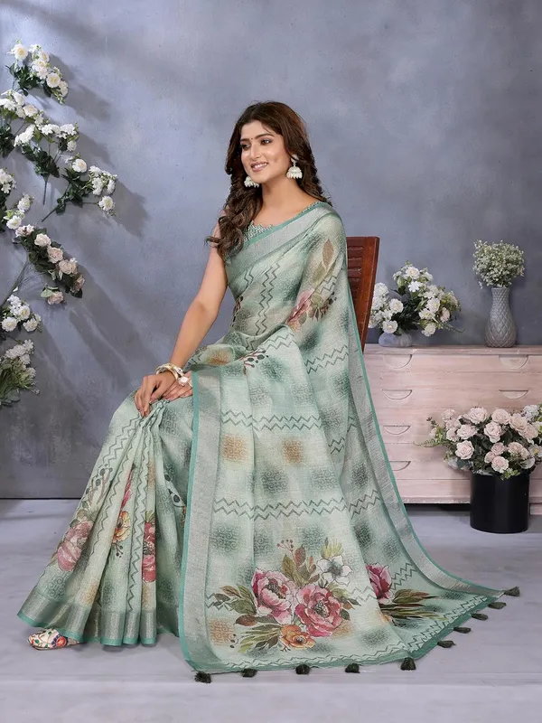 Women's_Linen_Shimmer_Floral_Saree_for_Women_|_Lightweight_Printed_Linen-Shimmer_Sarees_|_For_Traditional,_Festive_&_Wedding_|_5.5m_Saree_+_0.8m_Blouse_(Mint_Green_Floral)