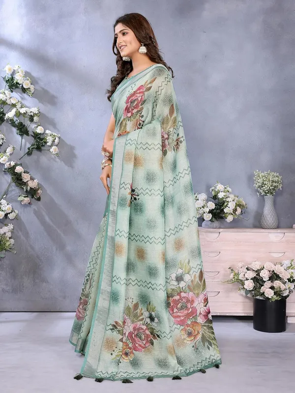 Women's_Linen_Shimmer_Floral_Saree_for_Women_|_Lightweight_Printed_Linen-Shimmer_Sarees_|_For_Traditional,_Festive_&_Wedding_|_5.5m_Saree_+_0.8m_Blouse_(Mint_Green_Floral)