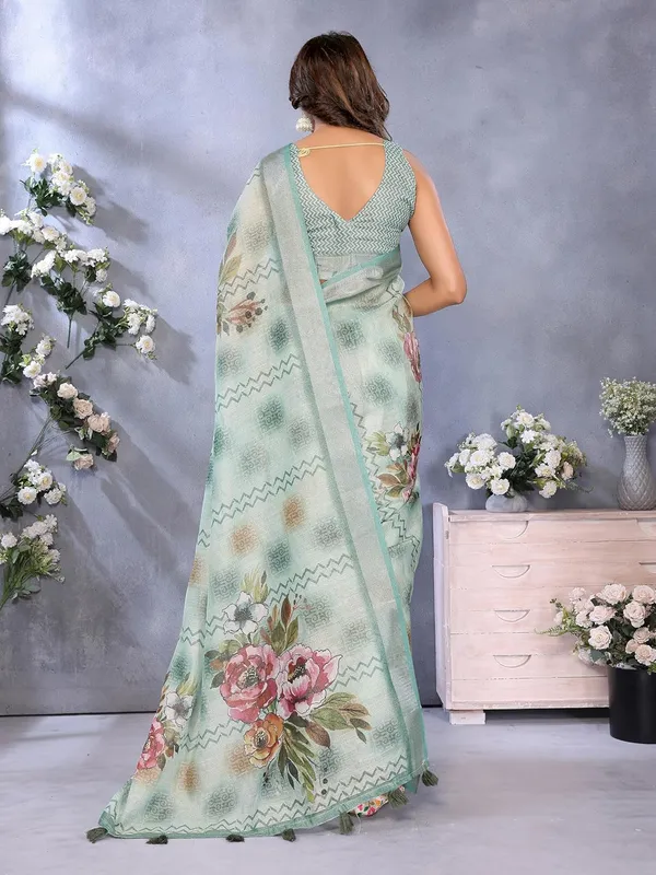 Women's_Linen_Shimmer_Floral_Saree_for_Women_|_Lightweight_Printed_Linen-Shimmer_Sarees_|_For_Traditional,_Festive_&_Wedding_|_5.5m_Saree_+_0.8m_Blouse_(Mint_Green_Floral)