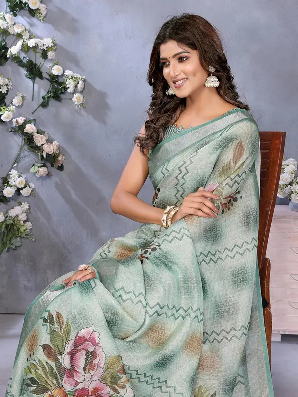 Women's_Linen_Shimmer_Floral_Saree_for_Women_|_Lightweight_Printed_Linen-Shimmer_Sarees_|_For_Traditional,_Festive_&_Wedding_|_5.5m_Saree_+_0.8m_Blouse_(Mint_Green_Floral)