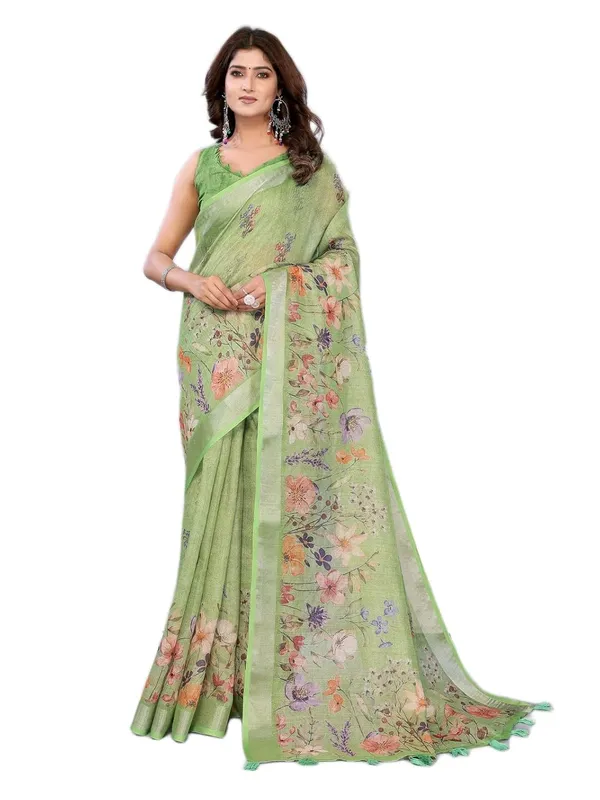 Women's_Linen_Shimmer_Floral_Saree_for_Women_|_Lightweight_Printed_Linen-Shimmer_Sarees_|_For_Traditional,_Festive_&_Wedding_|_5.5m_Saree_+_0.8m_Blouse_(Lime_Green_Floral)