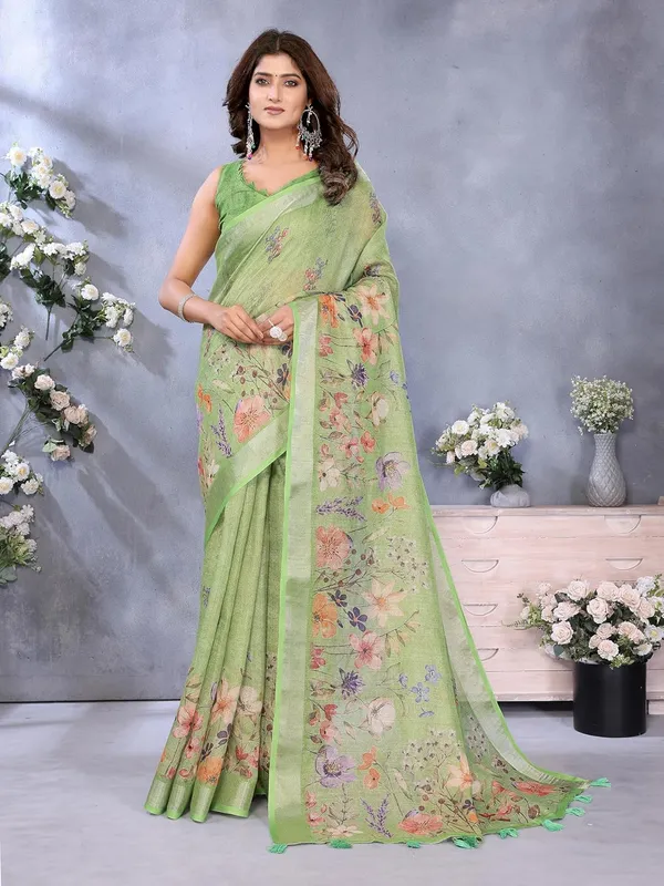 Women's_Linen_Shimmer_Floral_Saree_for_Women_|_Lightweight_Printed_Linen-Shimmer_Sarees_|_For_Traditional,_Festive_&_Wedding_|_5.5m_Saree_+_0.8m_Blouse_(Lime_Green_Floral)