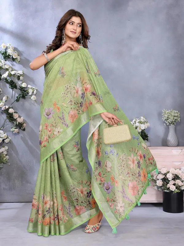 Women's_Linen_Shimmer_Floral_Saree_for_Women_|_Lightweight_Printed_Linen-Shimmer_Sarees_|_For_Traditional,_Festive_&_Wedding_|_5.5m_Saree_+_0.8m_Blouse_(Lime_Green_Floral)