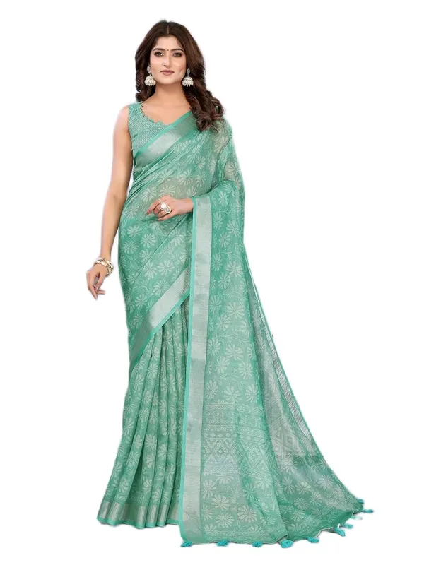 Women's_Linen_Shimmer_Floral_Saree_for_Women_|_Lightweight_Printed_Linen-Shimmer_Sarees_|_For_Traditional,_Festive_&_Wedding_|_5.5m_Saree_+_0.8m_Blouse_(Sea_Green_Woven_Floral)