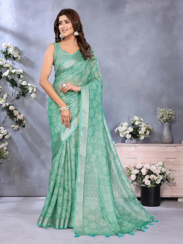Women's_Linen_Shimmer_Floral_Saree_for_Women_|_Lightweight_Printed_Linen-Shimmer_Sarees_|_For_Traditional,_Festive_&_Wedding_|_5.5m_Saree_+_0.8m_Blouse_(Sea_Green_Woven_Floral)