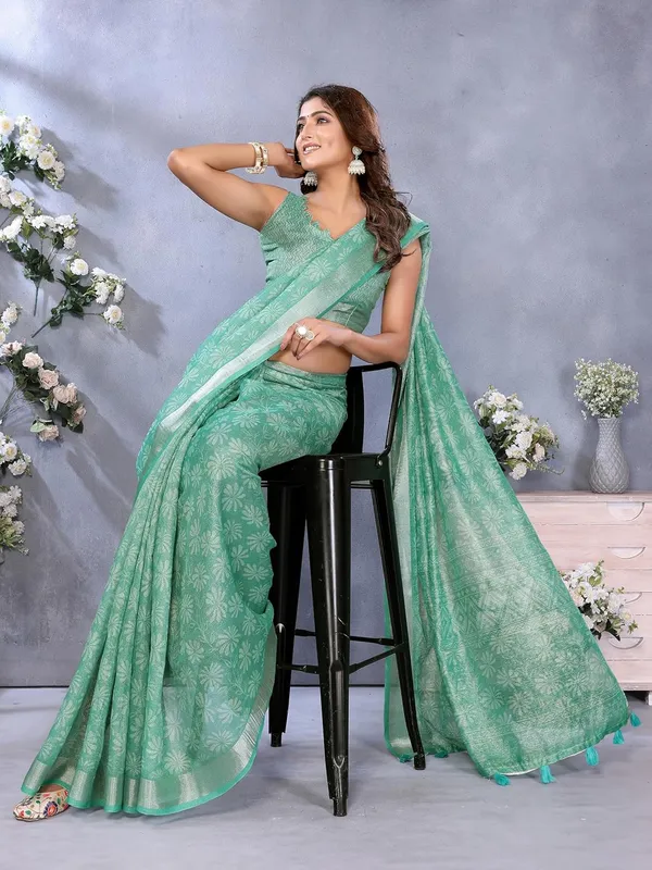 Women's_Linen_Shimmer_Floral_Saree_for_Women_|_Lightweight_Printed_Linen-Shimmer_Sarees_|_For_Traditional,_Festive_&_Wedding_|_5.5m_Saree_+_0.8m_Blouse_(Sea_Green_Woven_Floral)
