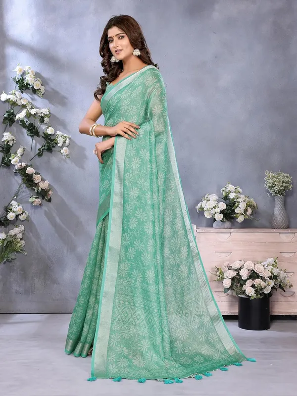 Women's_Linen_Shimmer_Floral_Saree_for_Women_|_Lightweight_Printed_Linen-Shimmer_Sarees_|_For_Traditional,_Festive_&_Wedding_|_5.5m_Saree_+_0.8m_Blouse_(Sea_Green_Woven_Floral)